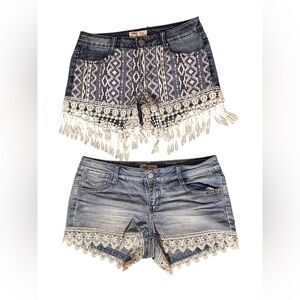 LEI Blue Jean Shorts with Lace Fringe